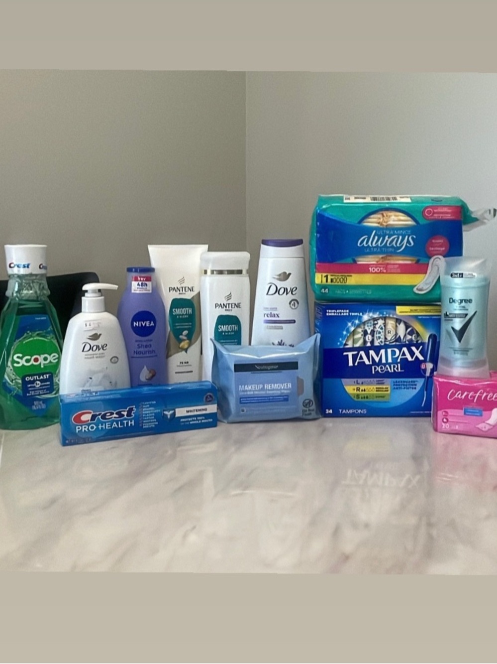Assorted Personal Care Bundle - Dove, Pantene, Tampax, Crest (Blue/White)